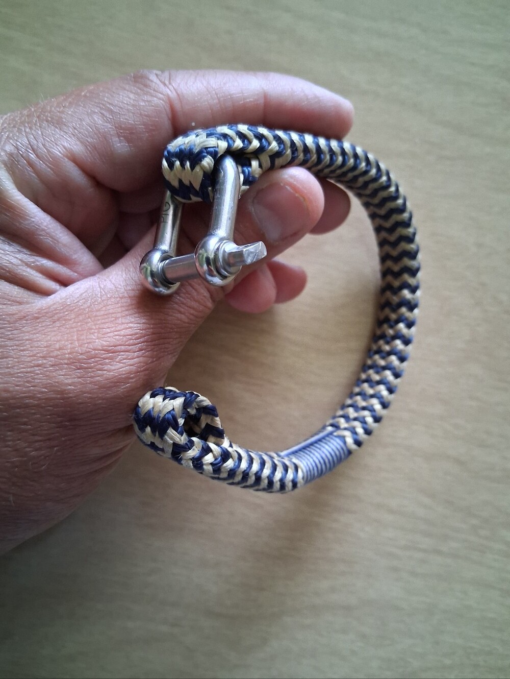 PIG & Hen Navy and Cream Braided Rope Men’s Bracelet with Stainless Shackle